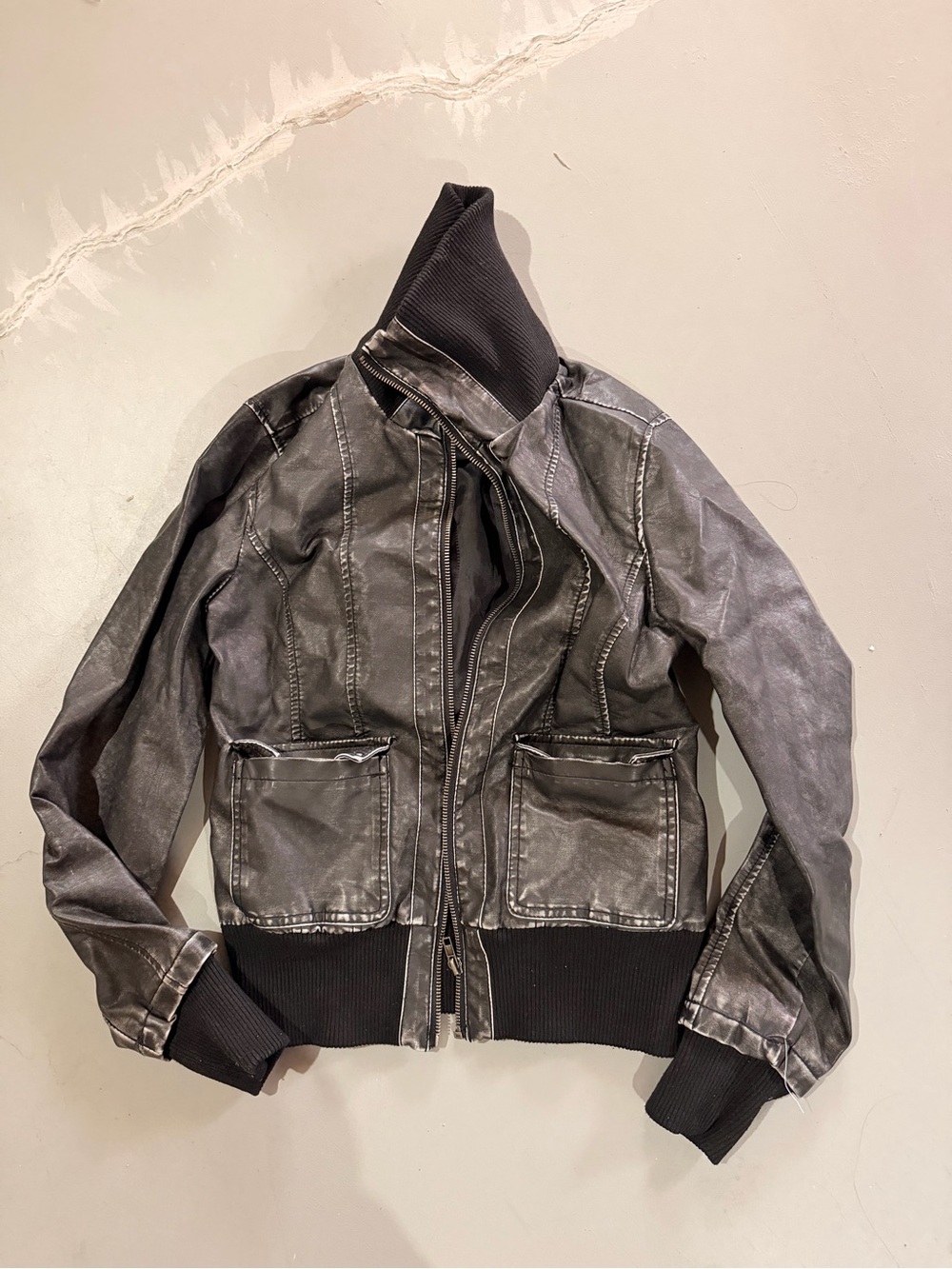 Motogear black leather distressed cropped jacket with funnel neck collar